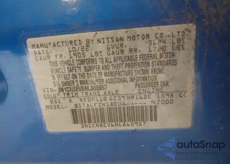 2022 Nissan Versa 1.6 Sv Xtronic Cvt z USA, uszkodzony, nr VIN 3N1CN8EV6NL865957